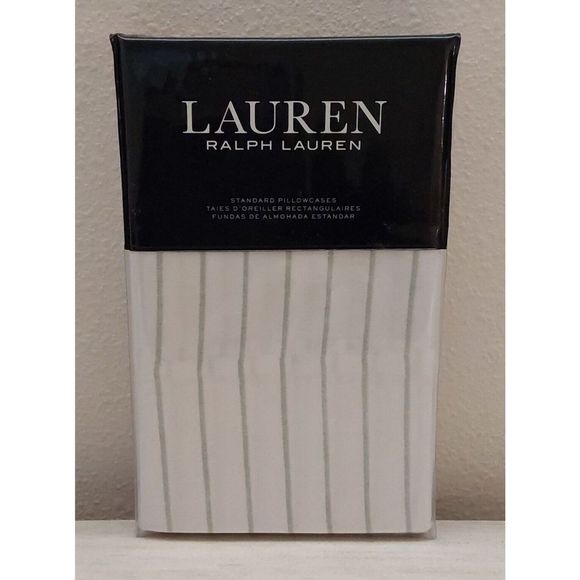 Ralph Lauren SPENCER STRIPE SATEEN White SAGE Cotton Standard Pillowcase Set 2pk - Picture 1 of 9